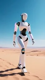 Geometrik neon ışıklar, çölün üzerinde yürüyen beyaz bir robotun yüzeyinde dalgalanırken